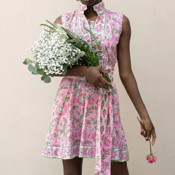 Sue Sartor Flounce Sleeveless MiniPink/Green Garden Party Print